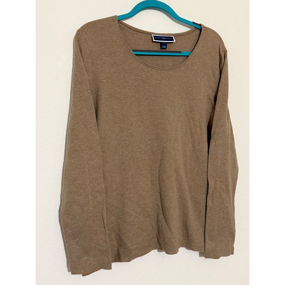 Karen Scott Womens Tan Brown 100% Cotton Scoop Neck Long Sleeve Top Large